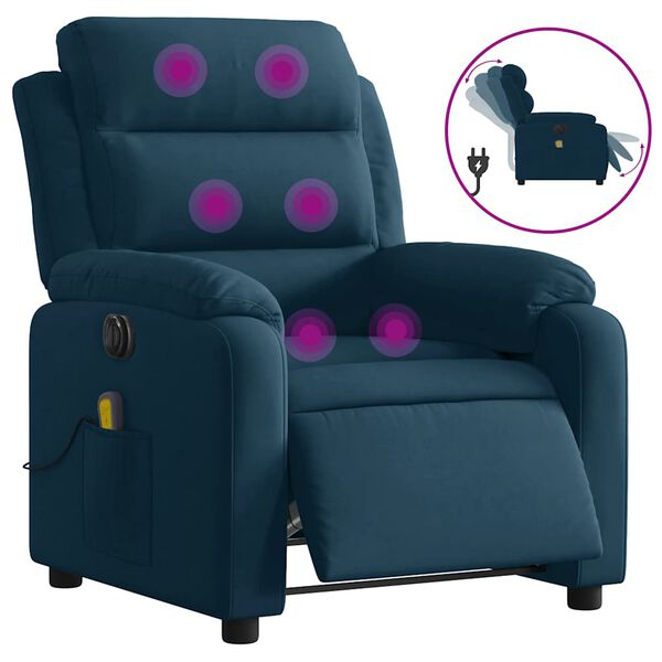 vidaXL Poltrona de massagens reclin&aacute;vel el&eacute;trica veludo azul