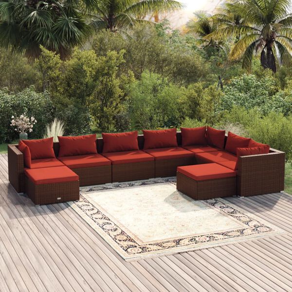 vidaXL 9 pcs conjunto lounge jardim c/ almofadões vime PE castanho