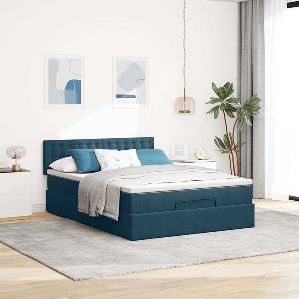 vidaXL Estrutura de cama otomana com colch&atilde;o 140x200 cm azul escuro