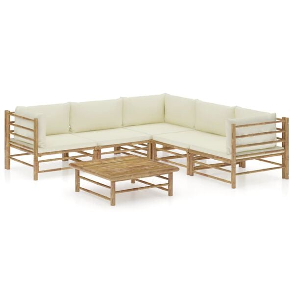 vidaXL 6 pcs conj. lounge p/ jardim em bambu c/ almofadões branco nata