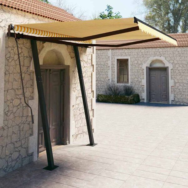 vidaXL Toldo retr&aacute;til manual com postes 3,5x2,5 m amarelo e branco