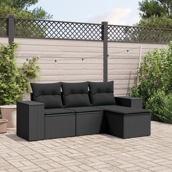 vidaXL 4 pcs conjunto de sof&aacute;s para jardim c/ almofad&otilde;es vime PE preto