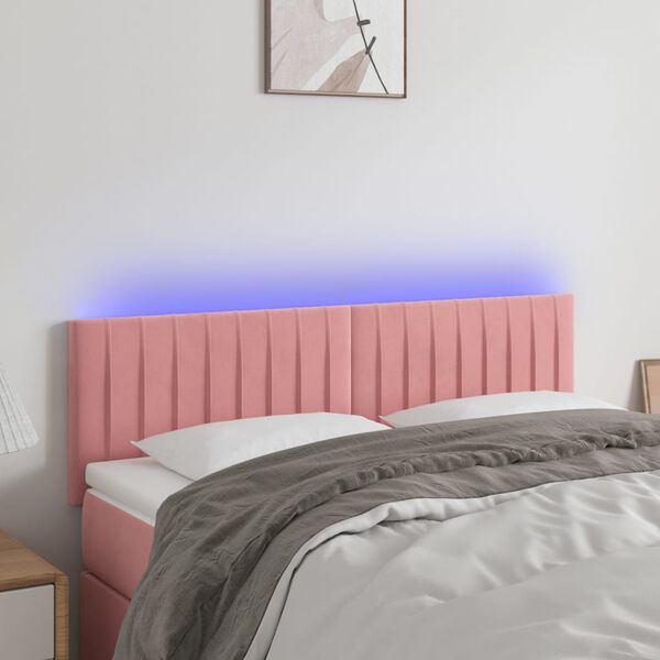 vidaXL Cabeceira de cama c/ luzes LED veludo 144x5x78/88 cm rosa
