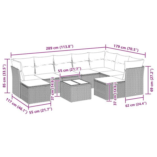 vidaXL 10 pcs conjunto sof&aacute;s de jardim c/ almofad&otilde;es vime PE preto