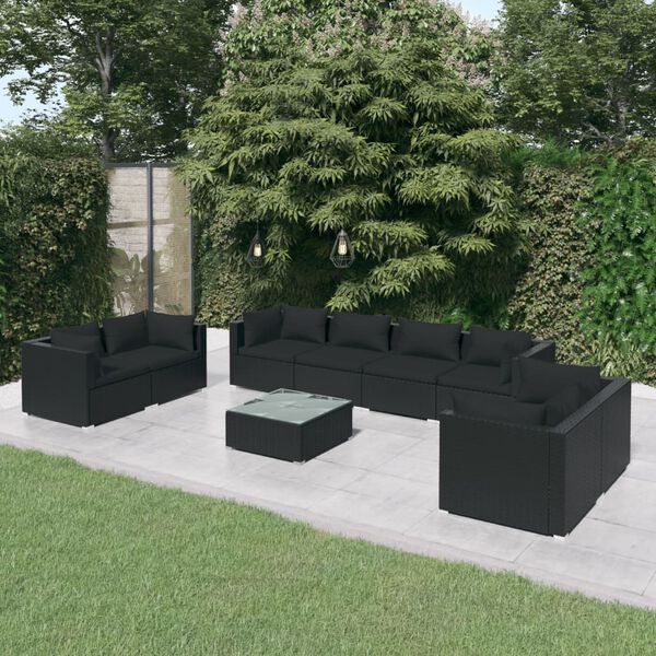 vidaXL 9 pcs conjunto lounge de jardim c/ almofad&otilde;es vime PE preto