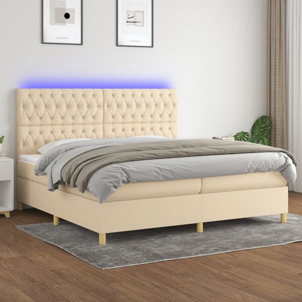 vidaXL Cama box spring c/ colch&atilde;o e LED 200x200 cm tecido cor creme