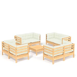 vidaXL 9 pcs conjunto lounge jardim c/ almofad&otilde;es cor creme pinho
