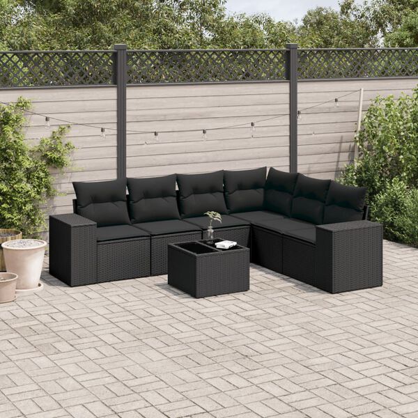 vidaXL 7 pcs conjunto de sofás p/ jardim c/ almofadões vime PE preto