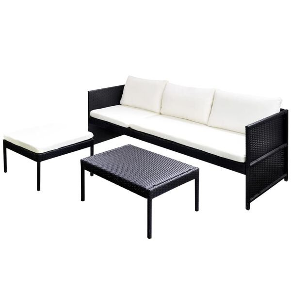 vidaXL 3 pcs conjunto lounge para jardim c/ almofadões vime PE preto