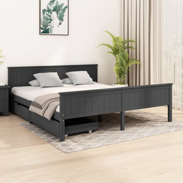 vidaXL Estrutura cama c/ 2 gavetas 200x200cm pinho maci&ccedil;o cinza-escuro