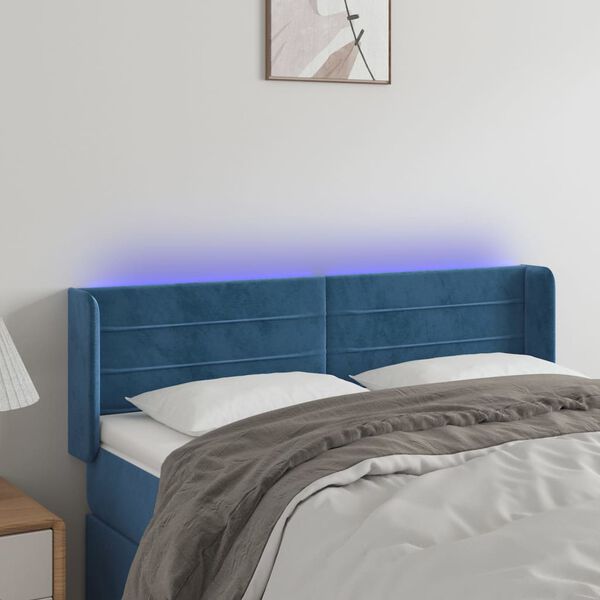 vidaXL Cabeceira cama c/ luzes LED veludo 147x16x78/88 cm azul-escuro