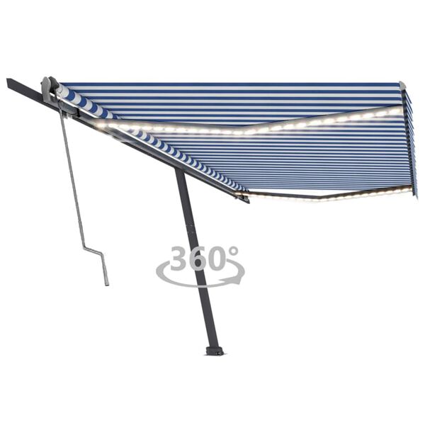 vidaXL Toldo automático LED e sensor de vento 500x300 cm azul e branco