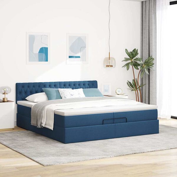 vidaXL Estrutura de cama otomana com colch&atilde;o 200x200 cm tecido azul