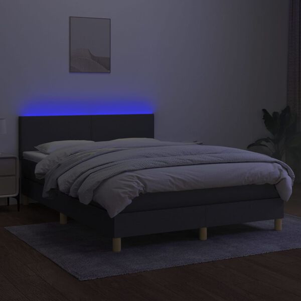 vidaXL Cama box spring c/ colch&atilde;o e LED 140x190 cm tecido cinza-escuro