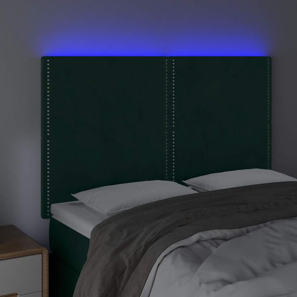 vidaXL Cabeceira de cama c/ LED veludo 144x5x118/128 cm verde-escuro