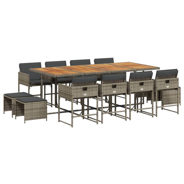 vidaXL 13 pcs conjunto jantar p/ jardim c/ almofad&otilde;es vime PE cinzento