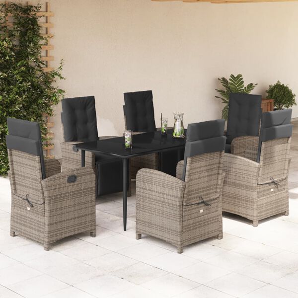 vidaXL 7 pcs conjunto de jantar p/ jardim c/ almofad&otilde;es vime PE cinza