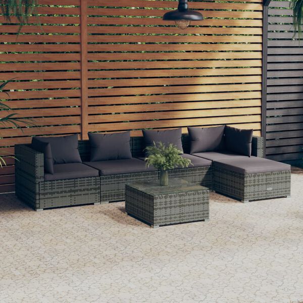 vidaXL 6 pcs conjunto lounge de jardim c/ almofad&otilde;es vime PE cinzento