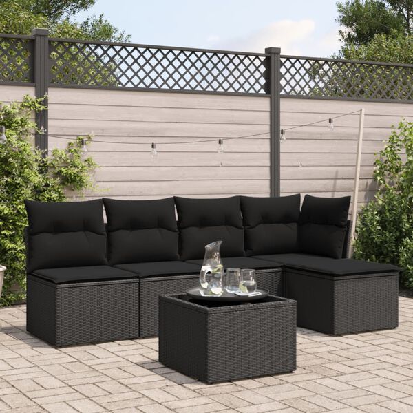 vidaXL 6 pcs conjunto sof&aacute;s de jardim c/ almofad&otilde;es vime PE preto