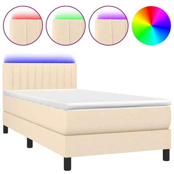 vidaXL Cama box spring c/ colch&atilde;o e LED 90x190 cm tecido cor creme