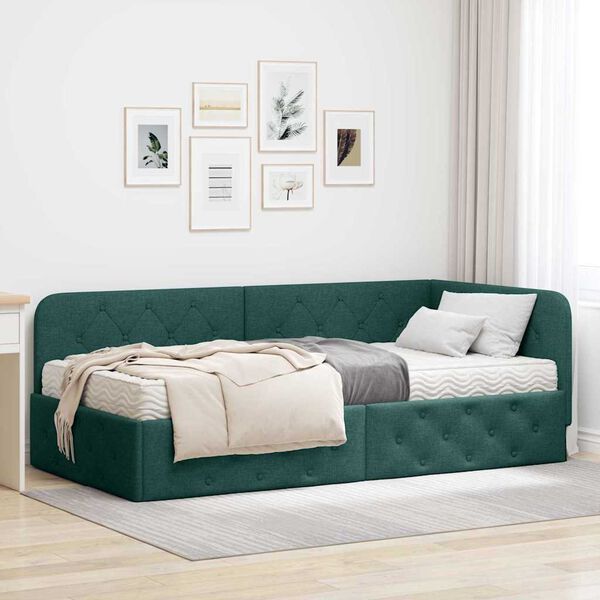 vidaXL Estrutura de Cama de Canto Verde Escuro 90 x 200 cm tecido