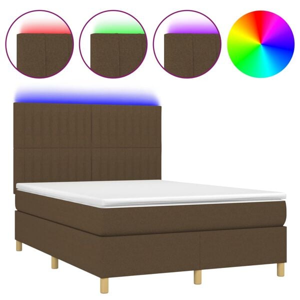 vidaXL Cama box spring c/ colch&atilde;o/LED 140x190cm tecido castanho-escuro