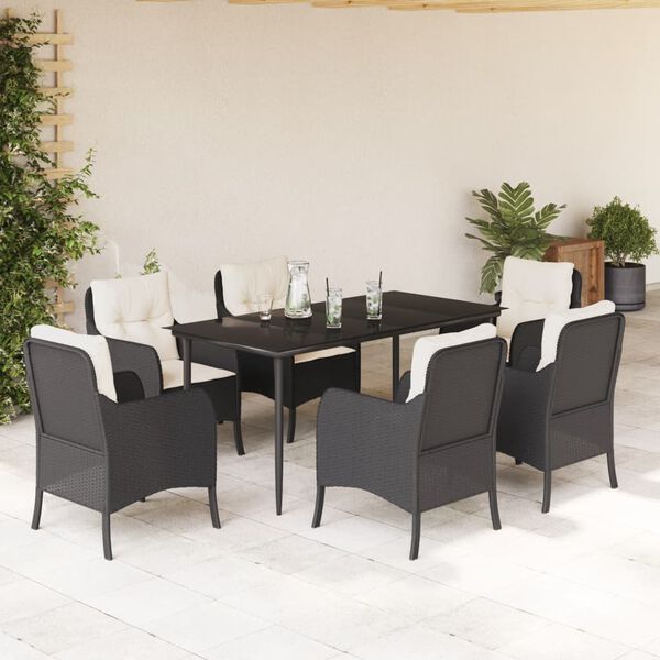 vidaXL 7 pcs conjunto de jantar p/ jardim c/ almofad&otilde;es vime PE preto