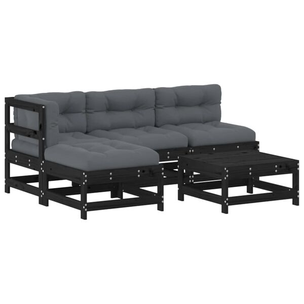 vidaXL 5pcs conjunto lounge jardim com almofad&otilde;es madeira maci&ccedil;a preto