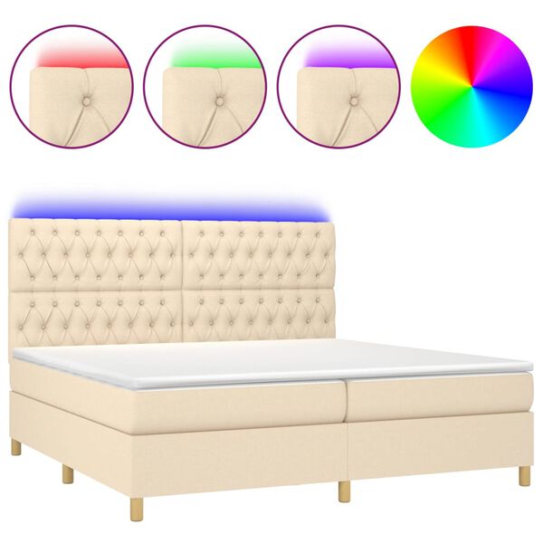vidaXL Cama box spring c/ colch&atilde;o e LED 200x200 cm tecido cor creme