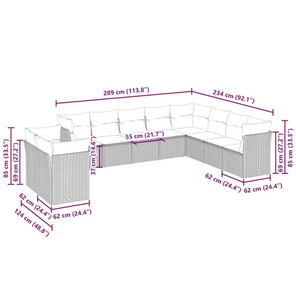 vidaXL 10 pcs conj. sof&aacute;s jardim com almofad&otilde;es vime PE cinzento-claro