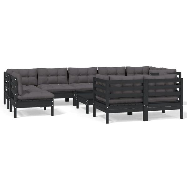vidaXL 10 pcs conjunto lounge jardim c/ almofad&otilde;es pinho maci&ccedil;o preto