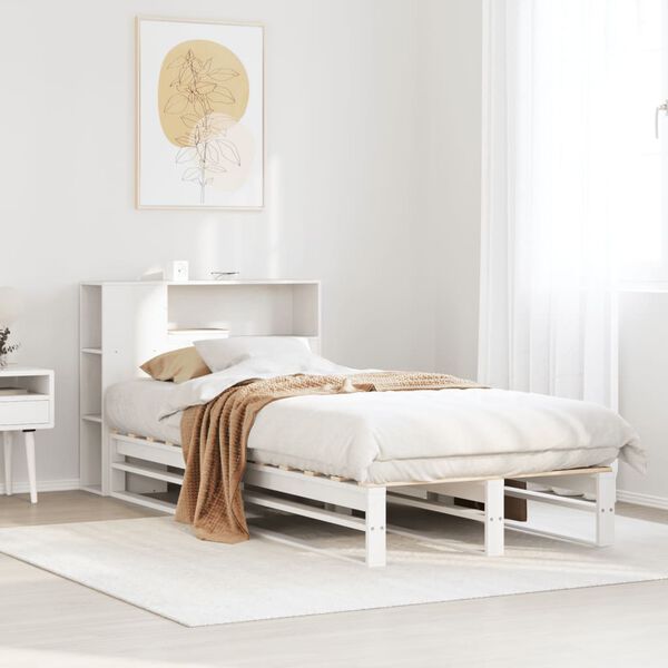 vidaXL Cama com estante sem colch&atilde;o 75x190 cm madeira maci&ccedil;a branco