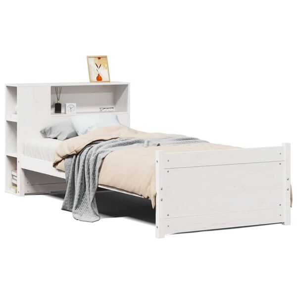 vidaXL Cama com estante sem colch&atilde;o 90x200 cm pinho maci&ccedil;o branco