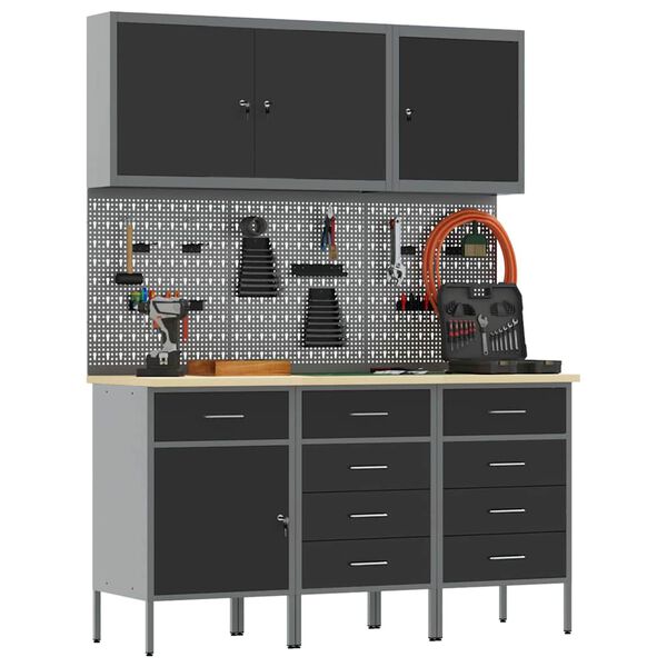 vidaXL Bancada de trabalho 8 pcs Preto 150 x 55 x 200 cm A&ccedil;o