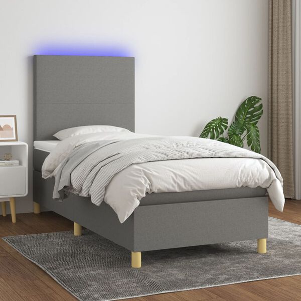 vidaXL Cama box spring c/ colch&atilde;o e LED 90x190 cm tecido cinza-escuro