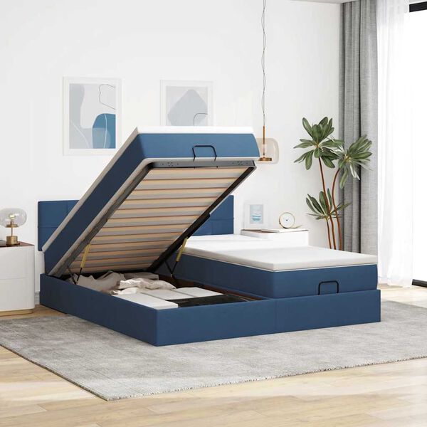 vidaXL Estrutura de cama otomana com colch&otilde;es 200x200cm tecido azul