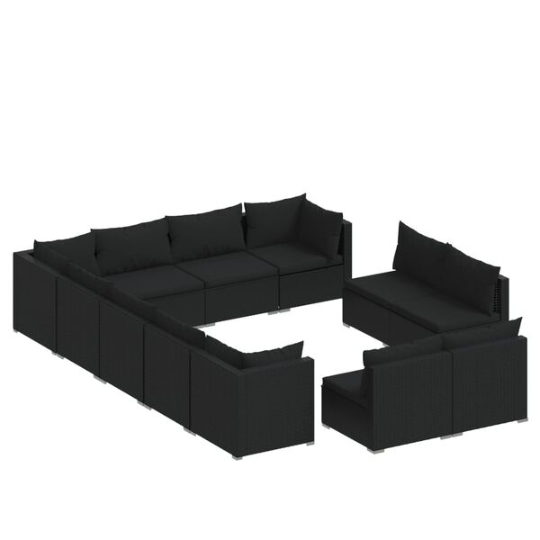 vidaXL 12 pcs conjunto lounge de jardim c/ almofad&otilde;es vime PE preto