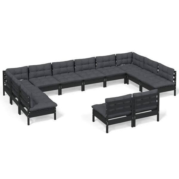 vidaXL 12 pcs conjunto lounge jardim c/ almofad&otilde;es pinho maci&ccedil;o preto