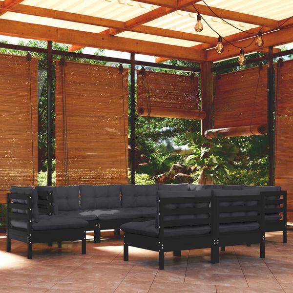 vidaXL 9 pcs conjunto lounge jardim c/ almofad&otilde;es pinho maci&ccedil;o preto