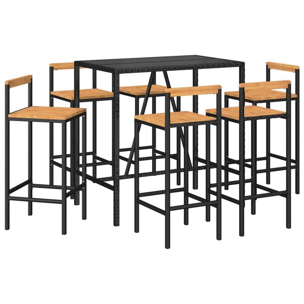 vidaXL 7 pcs conjunto de bar p/ jardim vime PE/ac&aacute;cia maci&ccedil;a preto