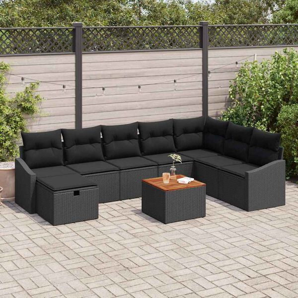 vidaXL Conjunto de Sof&aacute; de Jardim com almofada 9 pcs Preto vime PE