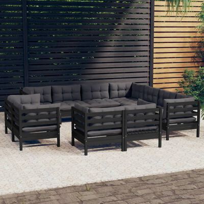 vidaXL 11 pcs conjunto lounge jardim c/ almofadões pinho maciço preto