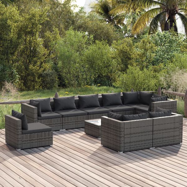 vidaXL 10 pcs conjunto lounge de jardim c/ almofad&otilde;es vime PE cinzento