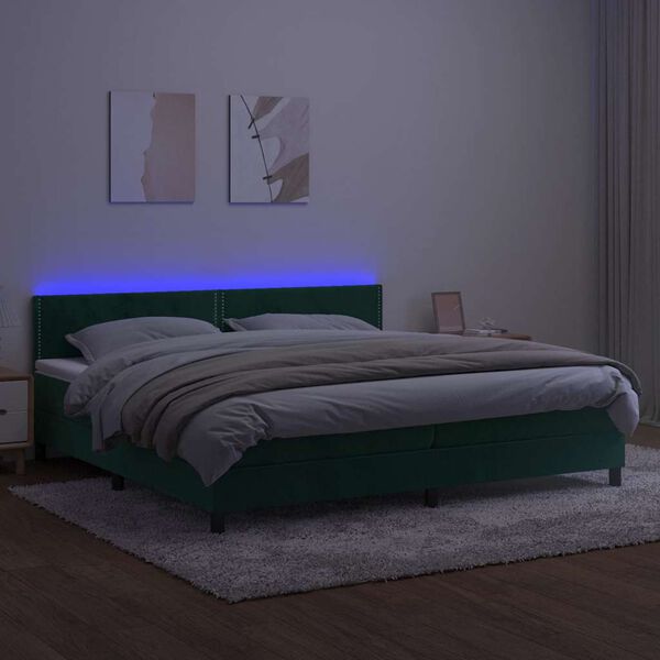 vidaXL Cama box spring c/ colch&atilde;o/LED 200x200 cm veludo verde-escuro