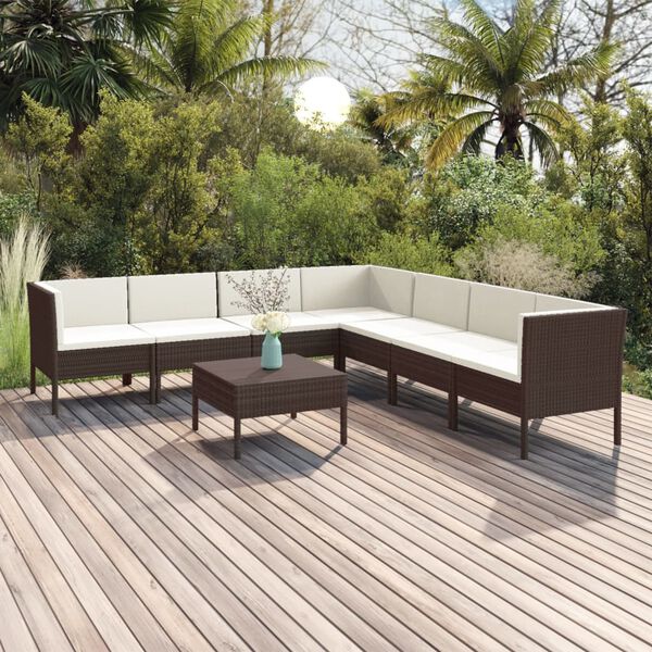 vidaXL 8 pcs conjunto lounge jardim c/ almofad&otilde;es vime PE castanho