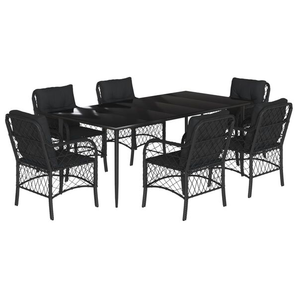 vidaXL 7 pcs conjunto de jantar p/ jardim c/ almofad&otilde;es vime PE preto