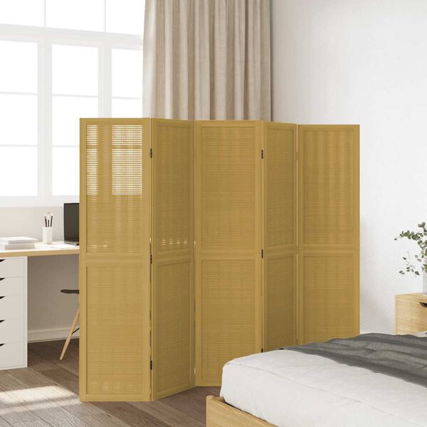 vidaXL Biombo c/ 5 pain&eacute;is madeira de paulownia maci&ccedil;a castanho