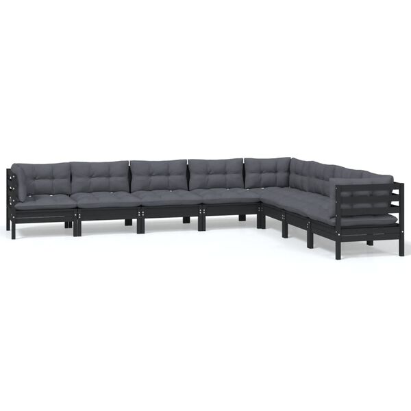 vidaXL 8 pcs conjunto lounge jardim c/ almofad&otilde;es pinho maci&ccedil;o preto