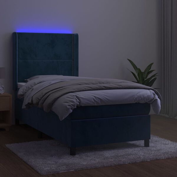 vidaXL Cama box spring c/ colch&atilde;o/LED 90x200 cm veludo azul-escuro