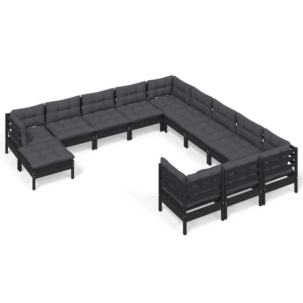 vidaXL 12 pcs conjunto lounge de jardim c/ almofadões pinho preto